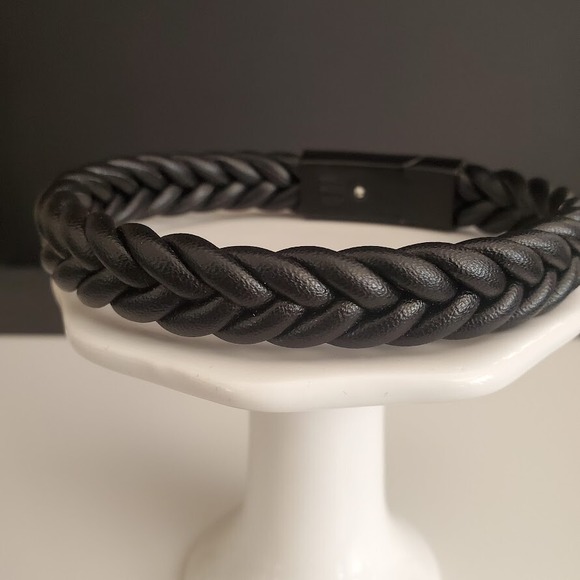 JCM Men's Bracelet Braided Black Faux Leather with Black Sliding Clasp - Picture 4 of 6